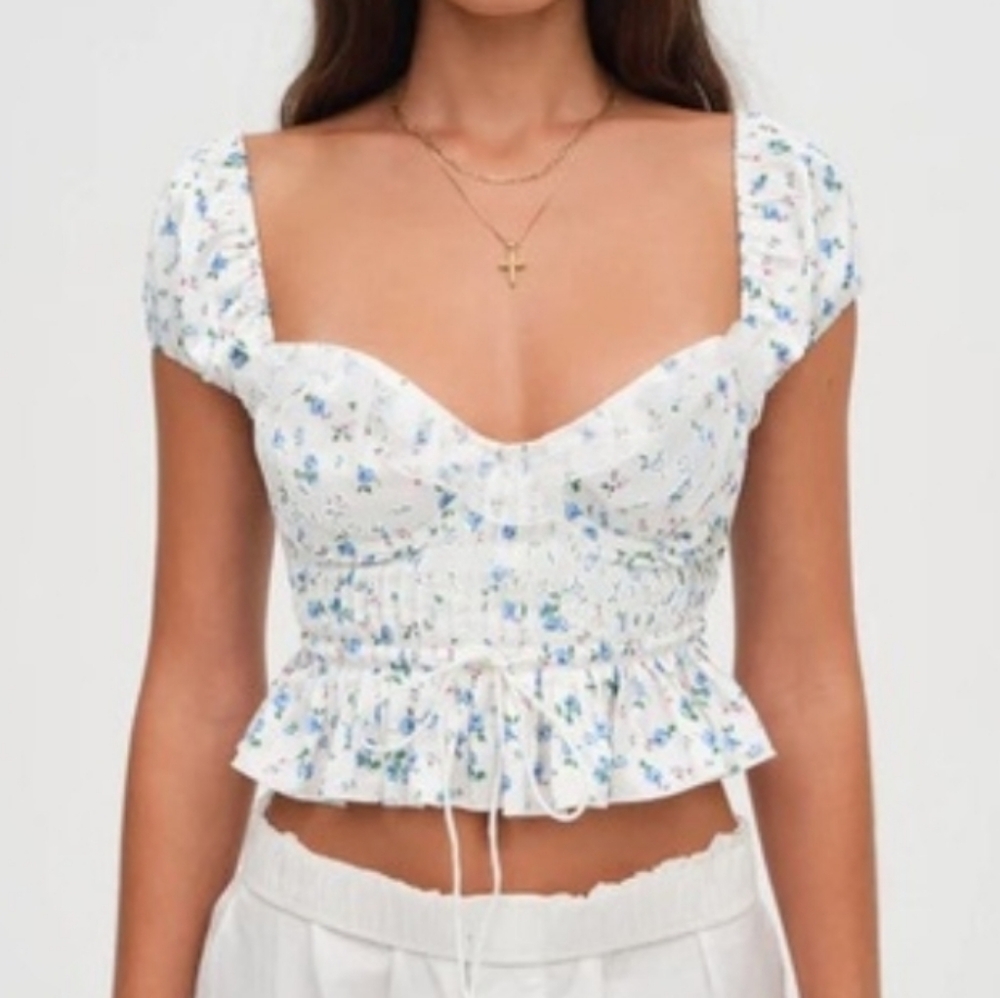 For Love And Lemons Opal White and Blue Floral Lace-Up Top Size XS